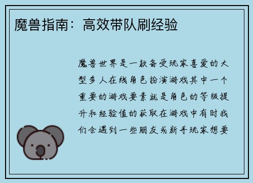 魔兽指南：高效带队刷经验