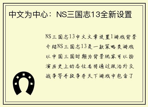 中文为中心：NS三国志13全新设置